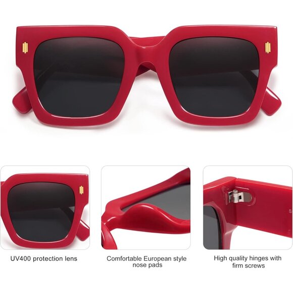 Women's Luxury Large Vintage Oversized Square Eyes Protecting Red Sunglasses - Picture 5 of 6
